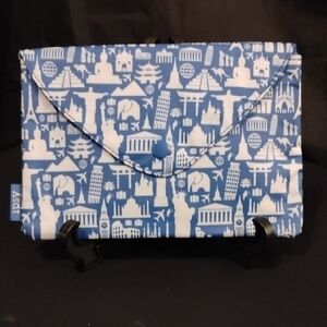 Blue and White Travel-Themed Cosmetic Bag